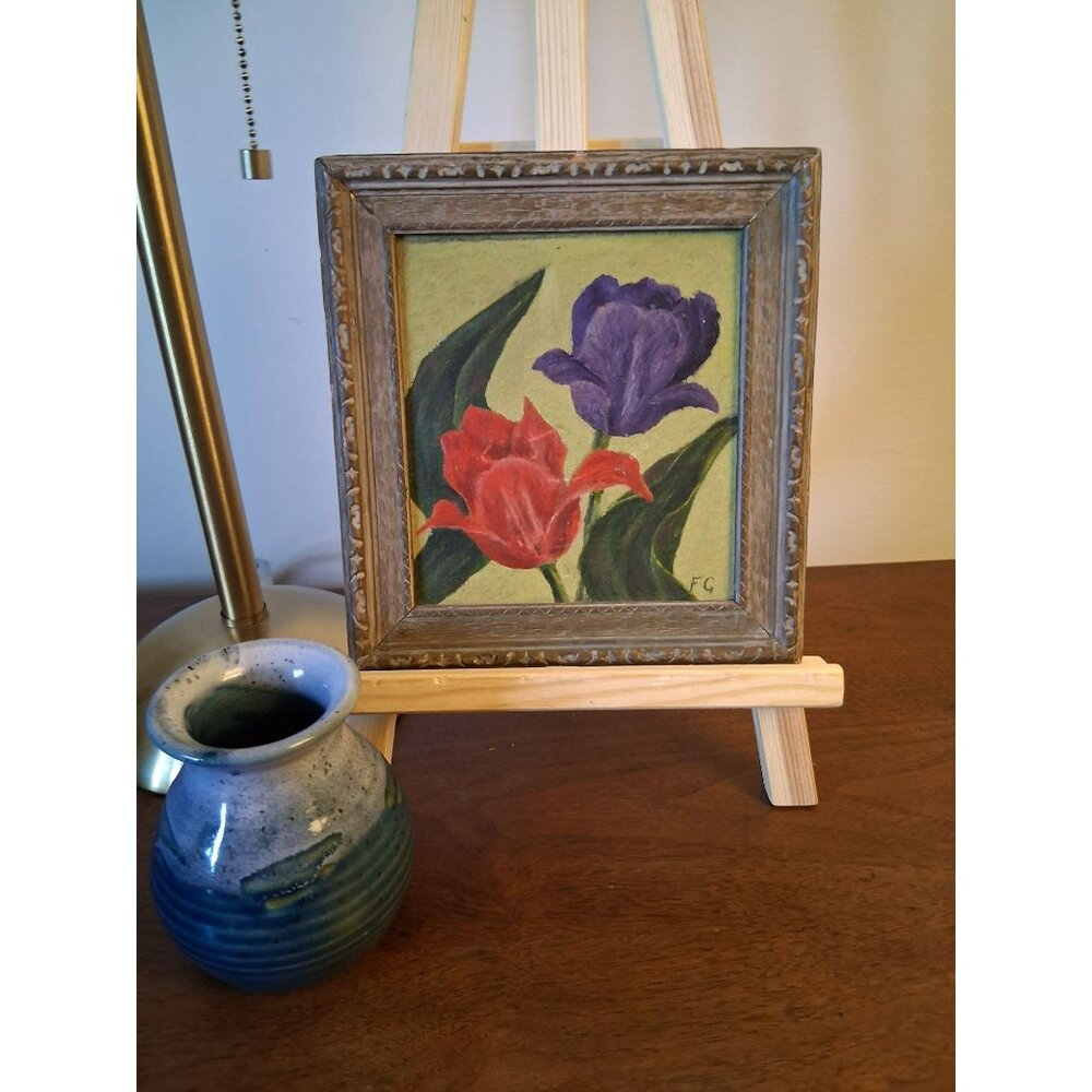 Framed Floral Oil Painting Signed FG Wooden Frame Red Purple Tulips Vintage